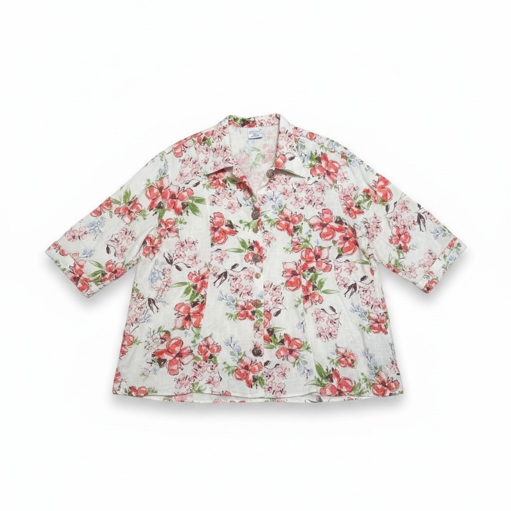 CMC Color Me Cotton Linen Floral Blouse Red White XL 3/4‎ Sleeve Button Front